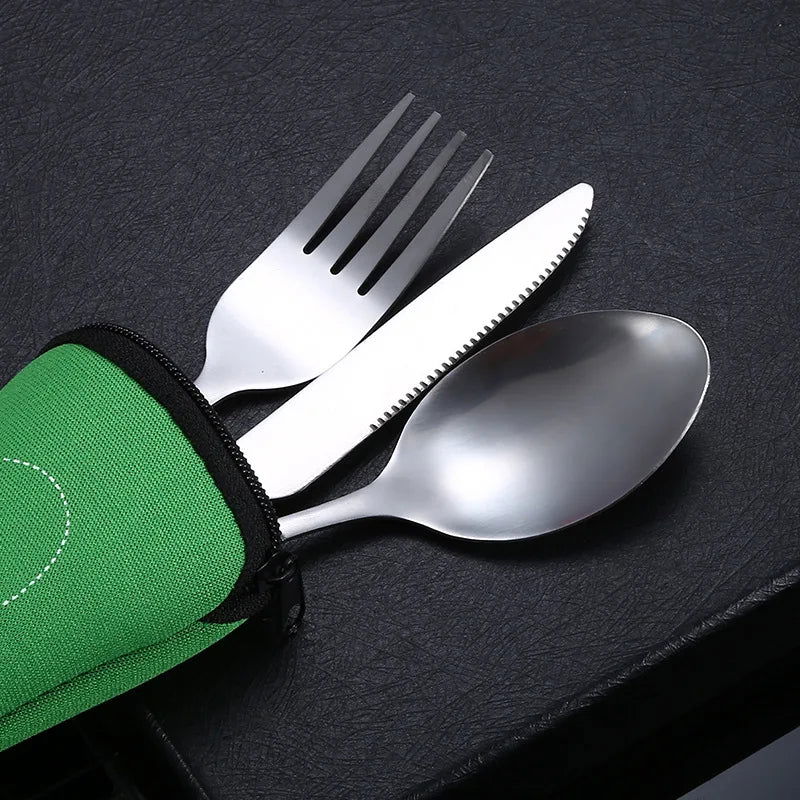 4Pcs/3Pcs Set Dinnerware Portable Printed Knifes Fork Spoon Stainless Steel Family Camping Steak Cutlery Tableware with Bag - Slobuy