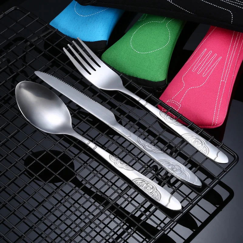 4Pcs/3Pcs Set Dinnerware Portable Printed Knifes Fork Spoon Stainless Steel Family Camping Steak Cutlery Tableware with Bag - Slobuy