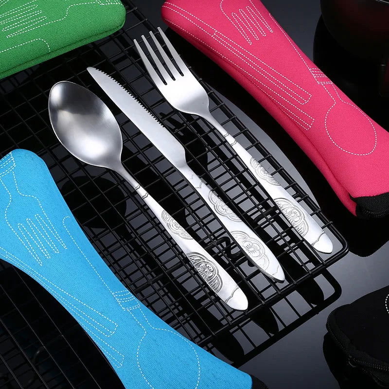 4Pcs/3Pcs Set Dinnerware Portable Printed Knifes Fork Spoon Stainless Steel Family Camping Steak Cutlery Tableware with Bag - Slobuy