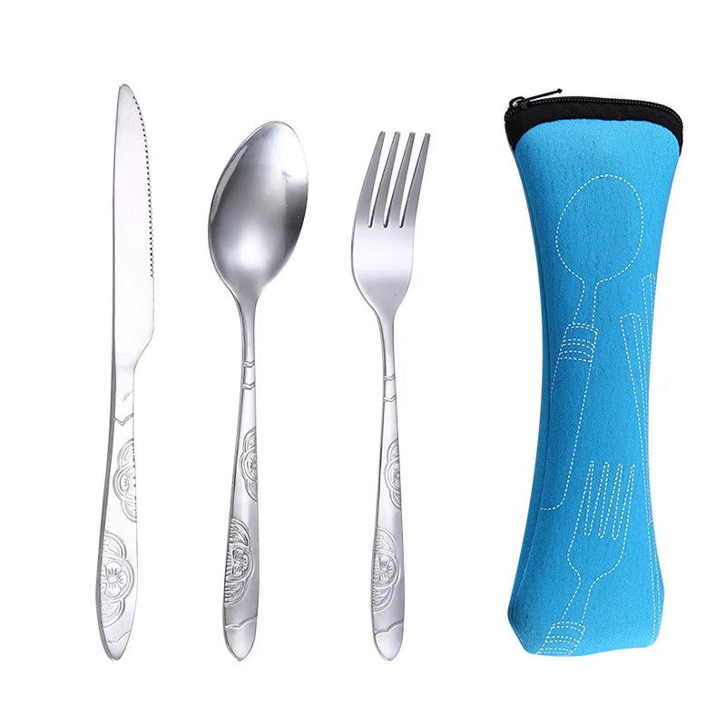 4Pcs/3Pcs Set Dinnerware Portable Printed Knifes Fork Spoon Stainless Steel Family Camping Steak Cutlery Tableware with Bag - Slobuy