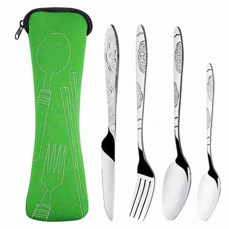 4Pcs/3Pcs Set Dinnerware Portable Printed Knifes Fork Spoon Stainless Steel Family Camping Steak Cutlery Tableware with Bag - Slobuy