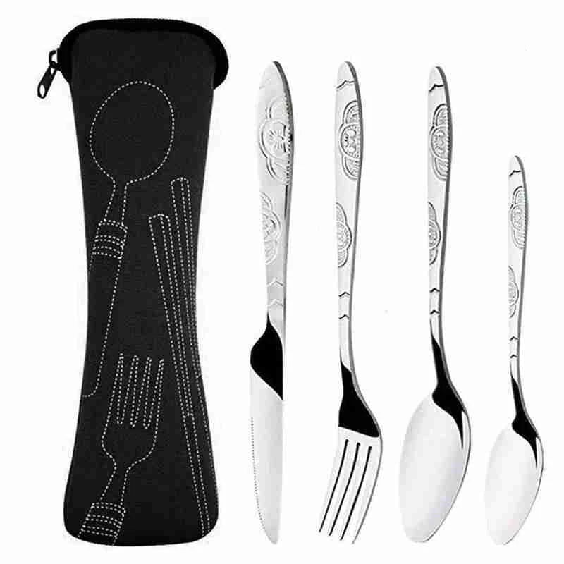 4Pcs/3Pcs Set Dinnerware Portable Printed Knifes Fork Spoon Stainless Steel Family Camping Steak Cutlery Tableware with Bag - Slobuy