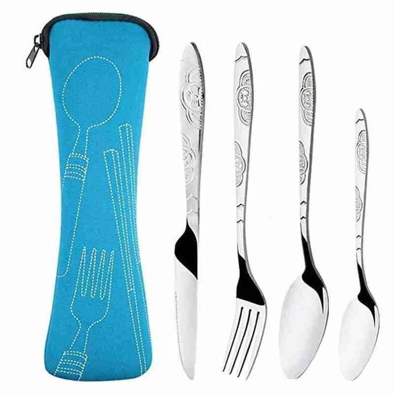 4Pcs/3Pcs Set Dinnerware Portable Printed Knifes Fork Spoon Stainless Steel Family Camping Steak Cutlery Tableware with Bag - Slobuy