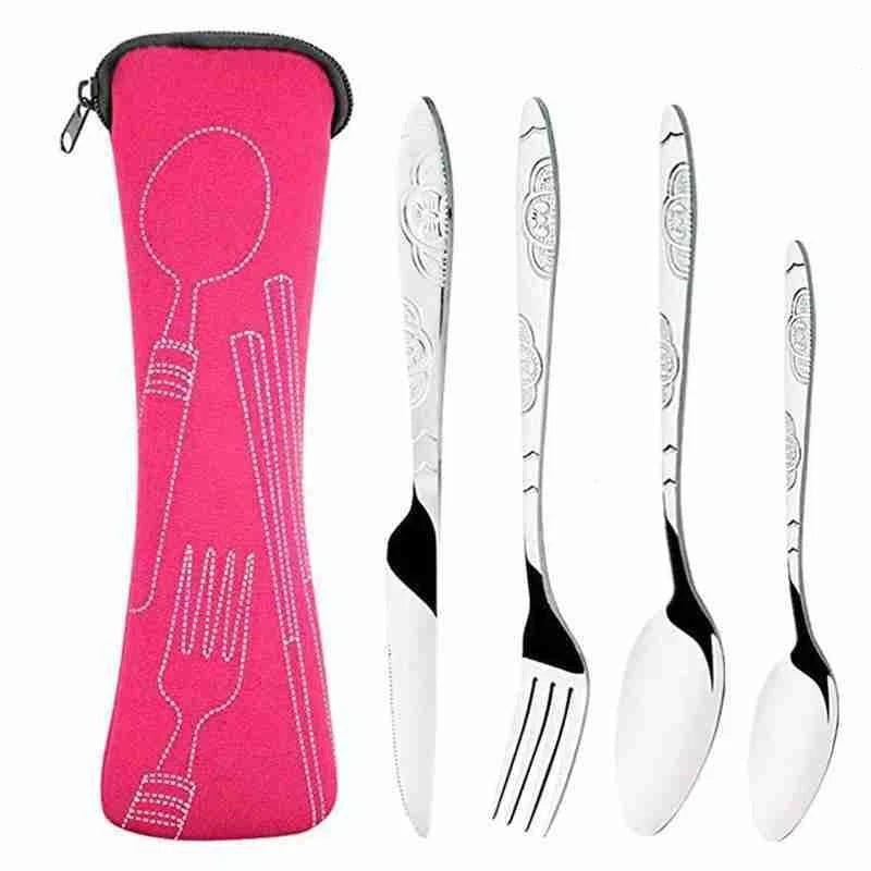 4Pcs/3Pcs Set Dinnerware Portable Printed Knifes Fork Spoon Stainless Steel Family Camping Steak Cutlery Tableware with Bag - Slobuy