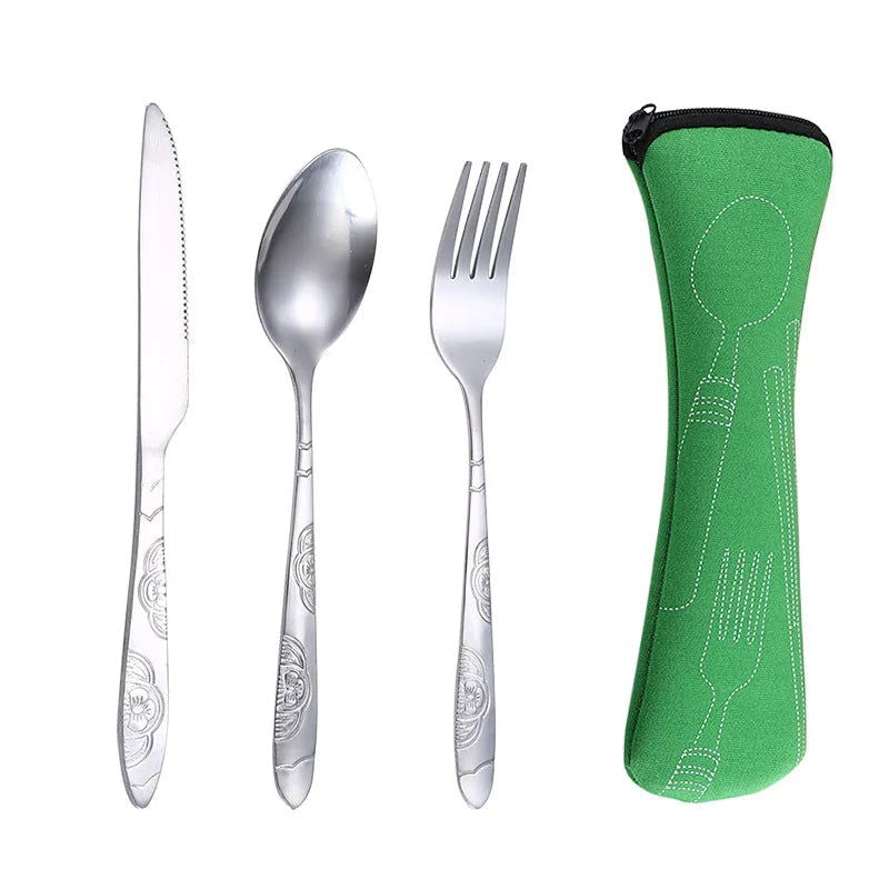 4Pcs/3Pcs Set Dinnerware Portable Printed Knifes Fork Spoon Stainless Steel Family Camping Steak Cutlery Tableware with Bag - Slobuy