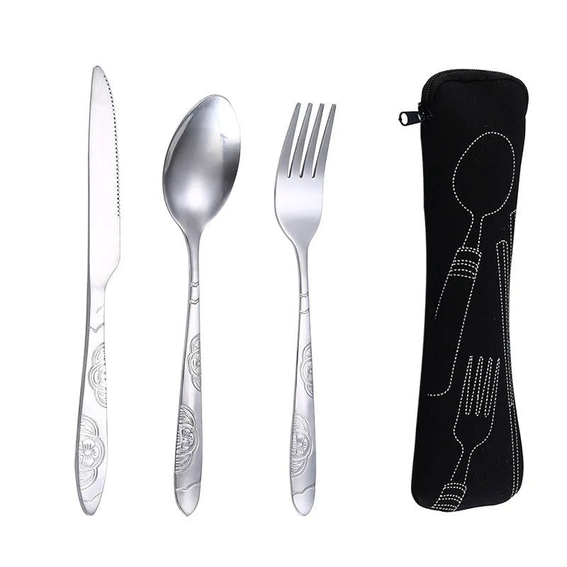 4Pcs/3Pcs Set Dinnerware Portable Printed Knifes Fork Spoon Stainless Steel Family Camping Steak Cutlery Tableware with Bag - Slobuy