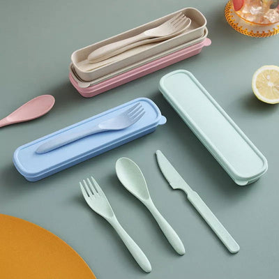 3Pcs Wheat Straw Dinnerware Set Portable Tableware Knife Fork Spoon Eco-Friendly Travel Cutlery Set Utensil Box Chopsticks Set - Slobuy