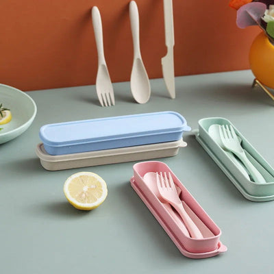 3Pcs Wheat Straw Dinnerware Set Portable Tableware Knife Fork Spoon Eco-Friendly Travel Cutlery Set Utensil Box Chopsticks Set - Slobuy