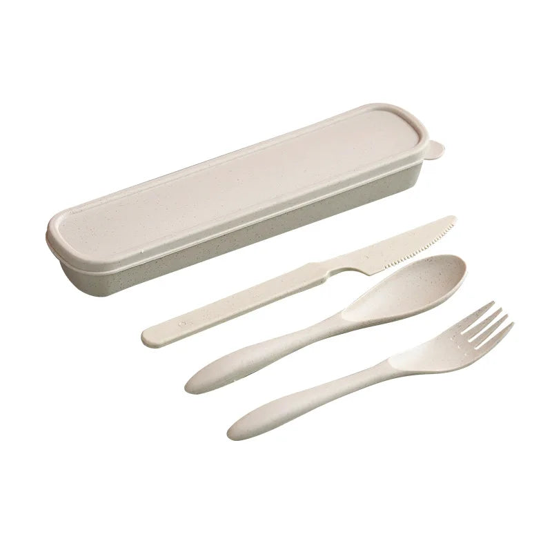 3Pcs Wheat Straw Dinnerware Set Portable Tableware Knife Fork Spoon Eco-Friendly Travel Cutlery Set Utensil Box Chopsticks Set - Slobuy