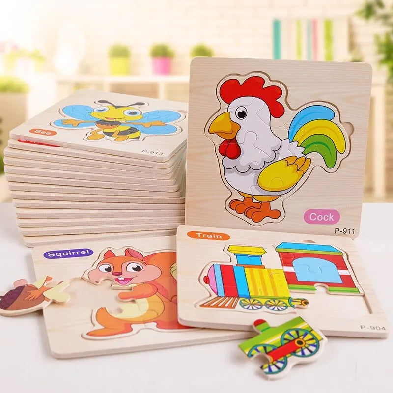3 PCs Random Color Puzzle 3D Toys Early Education Wooden Cartoon Animal Puzzle Puzzle Infant Puzzle Board Toys - Slobuy