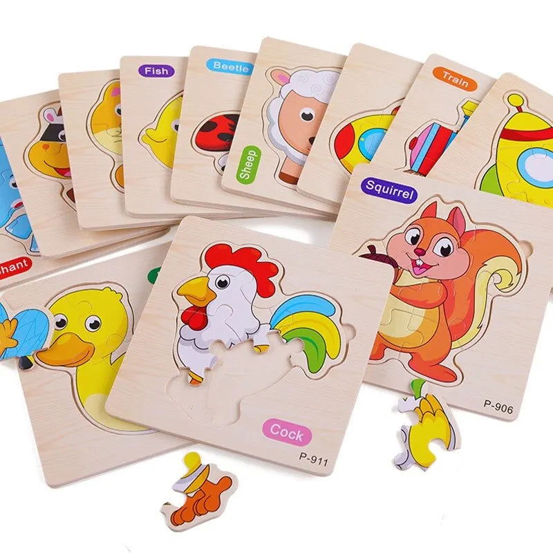 3 PCs Random Color Puzzle 3D Toys Early Education Wooden Cartoon Animal Puzzle Puzzle Infant Puzzle Board Toys - Slobuy