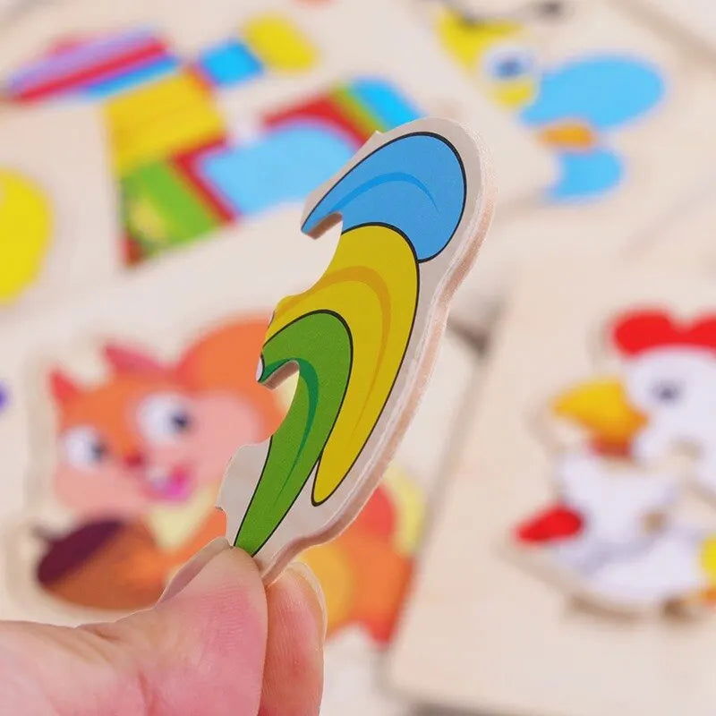 3 PCs Random Color Puzzle 3D Toys Early Education Wooden Cartoon Animal Puzzle Puzzle Infant Puzzle Board Toys - Slobuy