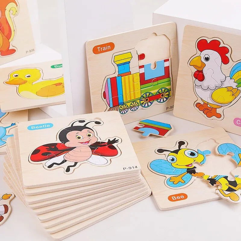 3 PCs Random Color Puzzle 3D Toys Early Education Wooden Cartoon Animal Puzzle Puzzle Infant Puzzle Board Toys - Slobuy