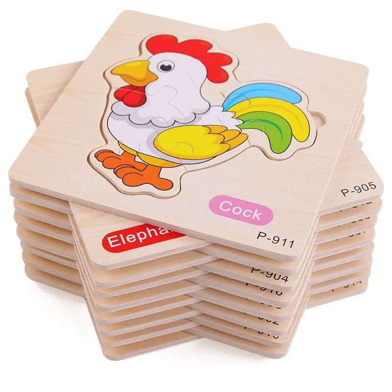 3 PCs Random Color Puzzle 3D Toys Early Education Wooden Cartoon Animal Puzzle Puzzle Infant Puzzle Board Toys - Slobuy