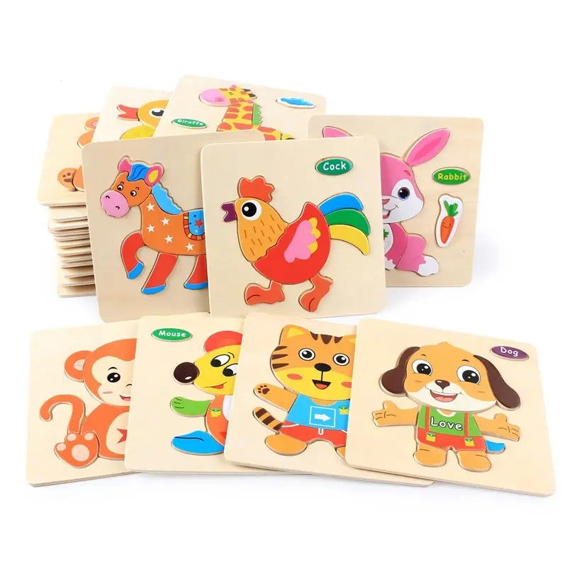 3 PCs Random Color Puzzle 3D Toys Early Education Wooden Cartoon Animal Puzzle Puzzle Infant Puzzle Board Toys - Slobuy