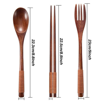 3 Pieces Tableware Natural Wood Dinnerware Spoon Chopsticks Fork Dinner Portable Tableware Grain Household Kitchen Cutlery Set - Slobuy