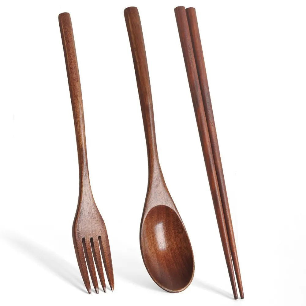 3 Pieces Tableware Natural Wood Dinnerware Spoon Chopsticks Fork Dinner Portable Tableware Grain Household Kitchen Cutlery Set - Slobuy