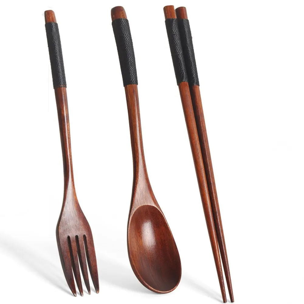 3 Pieces Tableware Natural Wood Dinnerware Spoon Chopsticks Fork Dinner Portable Tableware Grain Household Kitchen Cutlery Set - Slobuy
