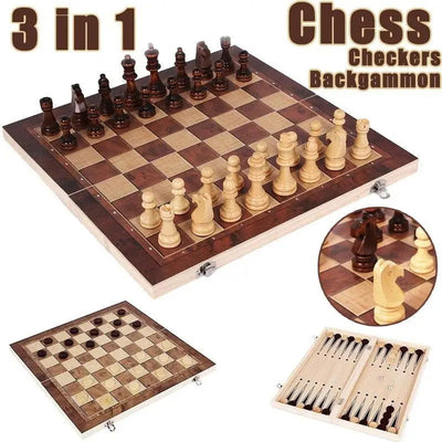 3 in 1 Chess Board, Folding Wooden Portable Chess Game Board, Wooden Chess Board for Adults(Chess + Checkers and Backgammon) - Slobuy