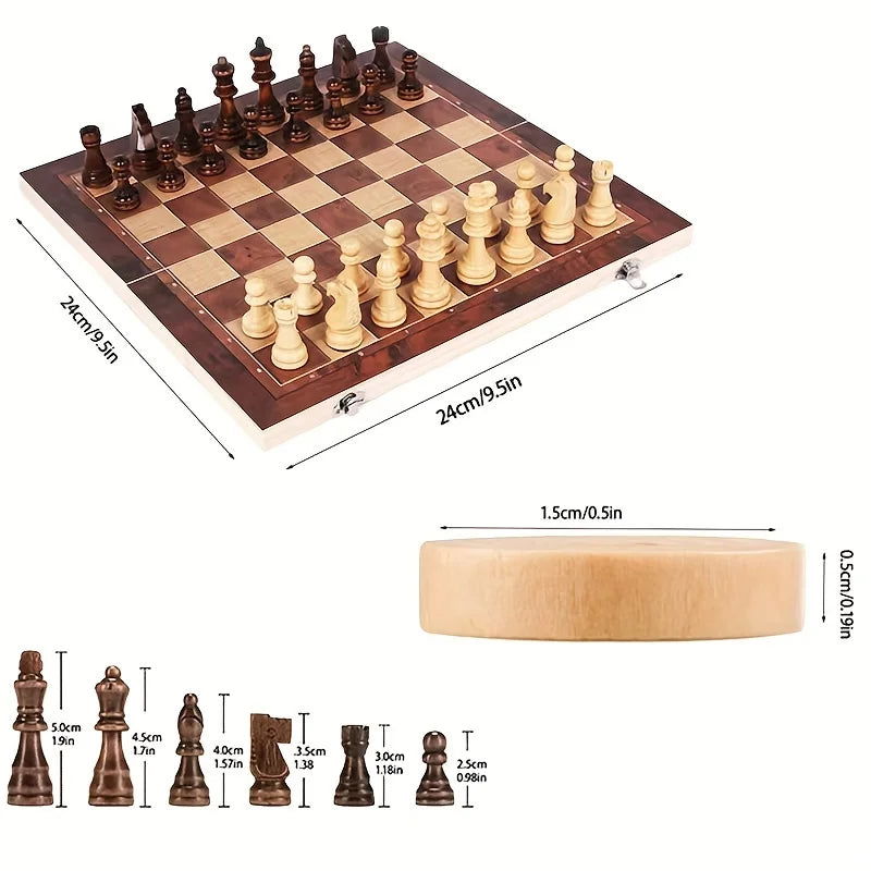 3 in 1 Chess Board, Folding Wooden Portable Chess Game Board, Wooden Chess Board for Adults(Chess + Checkers and Backgammon) - Slobuy