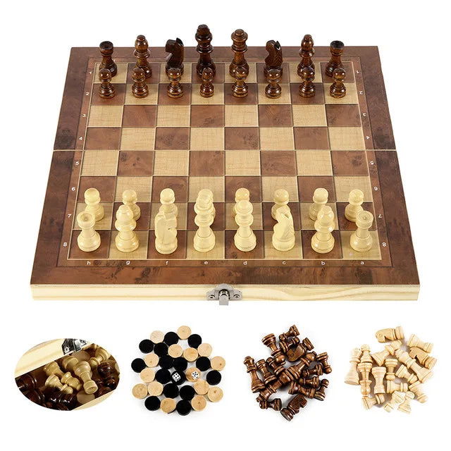 3 in 1 Chess Board, Folding Wooden Portable Chess Game Board, Wooden Chess Board for Adults(Chess + Checkers and Backgammon) - Slobuy