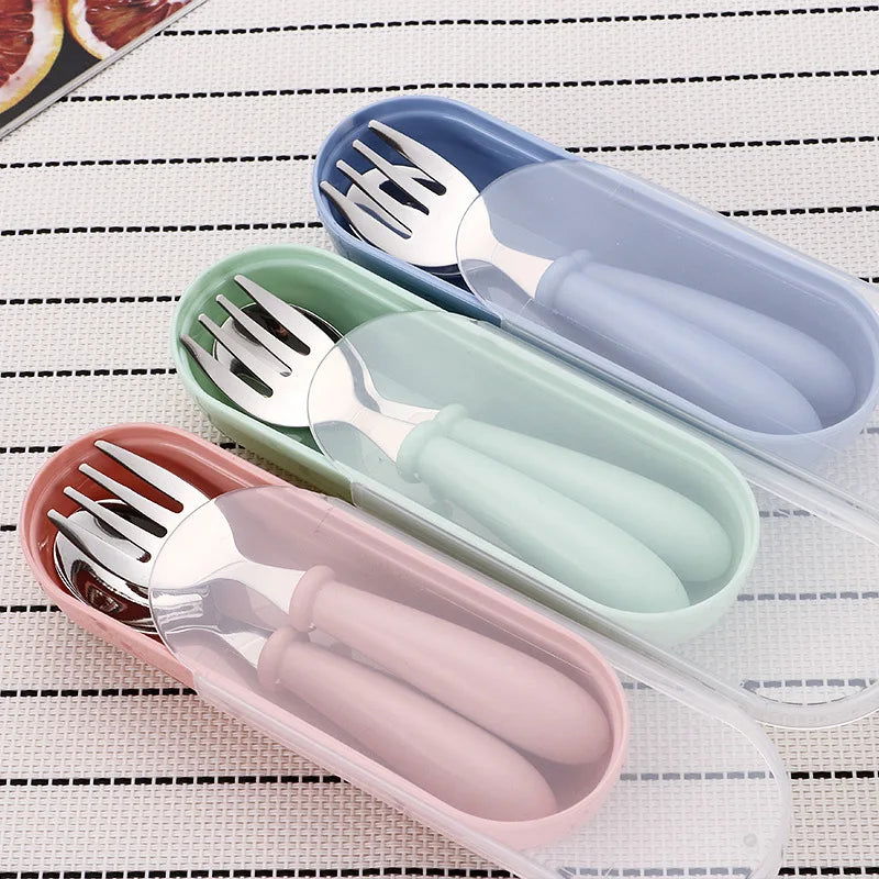 3pcs Children Spoon Forks Box Kids Stainless Steel Kids Cutlery Portable Baby Feeding Utensils Baby Spoons Baby Tableware Set - Slobuy