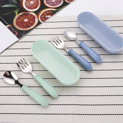 3pcs Children Spoon Forks Box Kids Stainless Steel Kids Cutlery Portable Baby Feeding Utensils Baby Spoons Baby Tableware Set - Slobuy