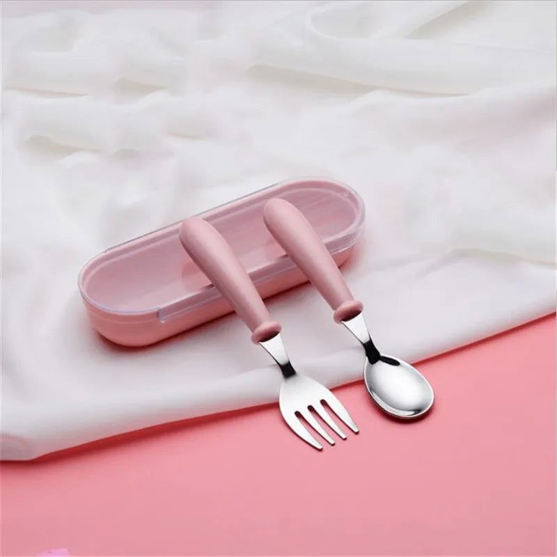 3pcs Children Spoon Forks Box Kids Stainless Steel Kids Cutlery Portable Baby Feeding Utensils Baby Spoons Baby Tableware Set - Slobuy