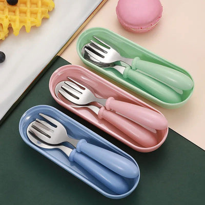 3pcs Children Spoon Forks Box Kids Stainless Steel Kids Cutlery Portable Baby Feeding Utensils Baby Spoons Baby Tableware Set - Slobuy