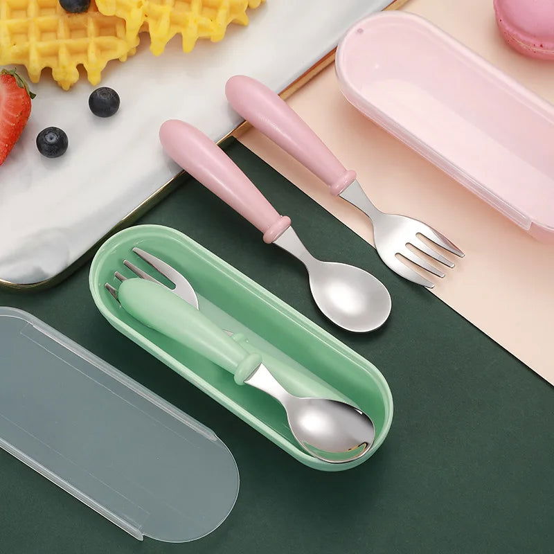3pcs Children Spoon Forks Box Kids Stainless Steel Kids Cutlery Portable Baby Feeding Utensils Baby Spoons Baby Tableware Set - Slobuy