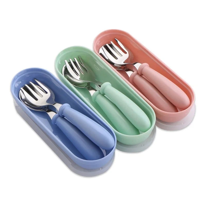 3pcs Children Spoon Forks Box Kids Stainless Steel Kids Cutlery Portable Baby Feeding Utensils Baby Spoons Baby Tableware Set - Slobuy