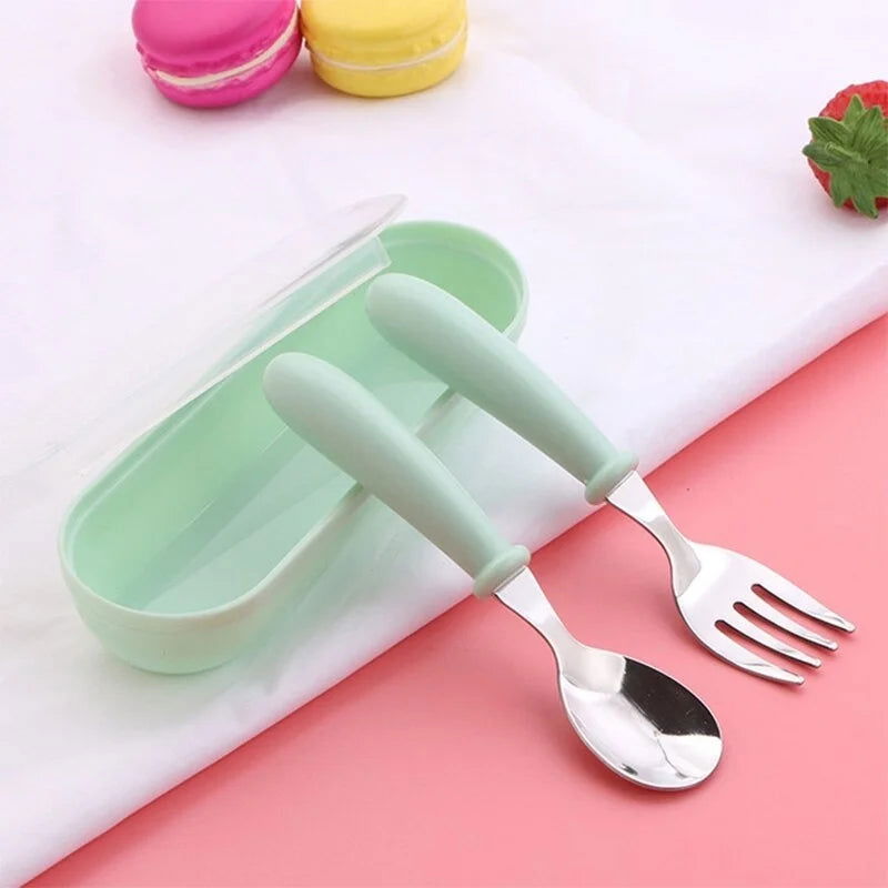 3pcs Children Spoon Forks Box Kids Stainless Steel Kids Cutlery Portable Baby Feeding Utensils Baby Spoons Baby Tableware Set - Slobuy