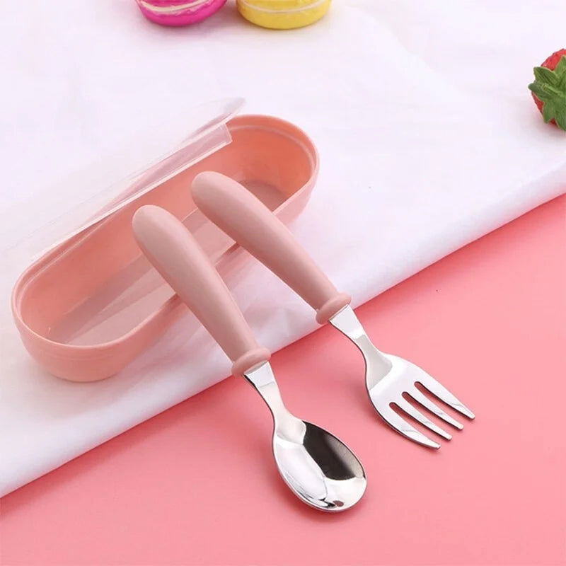 3pcs Children Spoon Forks Box Kids Stainless Steel Kids Cutlery Portable Baby Feeding Utensils Baby Spoons Baby Tableware Set - Slobuy