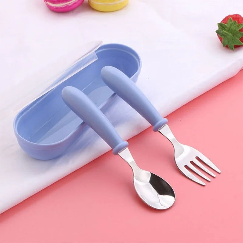 3pcs Children Spoon Forks Box Kids Stainless Steel Kids Cutlery Portable Baby Feeding Utensils Baby Spoons Baby Tableware Set - Slobuy