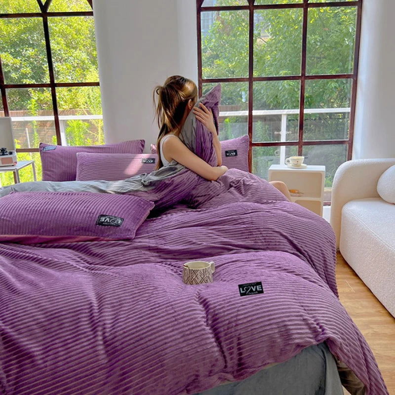 3pcs duvet cover Winter Warm Bedding sets Double Quilt Cover king Twin queen size bed thick Flano Coral Fleece with pillowscase - Slobuy