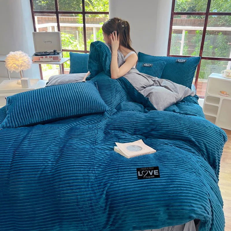 3pcs duvet cover Winter Warm Bedding sets Double Quilt Cover king Twin queen size bed thick Flano Coral Fleece with pillowscase - Slobuy