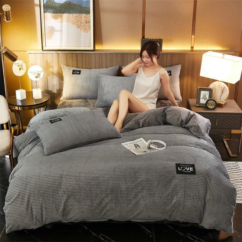 3pcs duvet cover Winter Warm Bedding sets Double Quilt Cover king Twin queen size bed thick Flano Coral Fleece with pillowscase - Slobuy