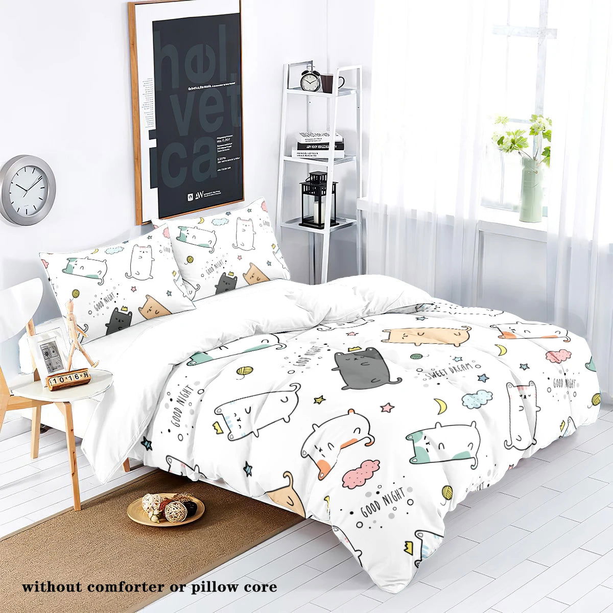 3pcs matte polyester bedding set, 1 duvet cover+2 pillowcases, unfilled, warm, skin friendly, anti pilling, cute cartoon cat - Slobuy