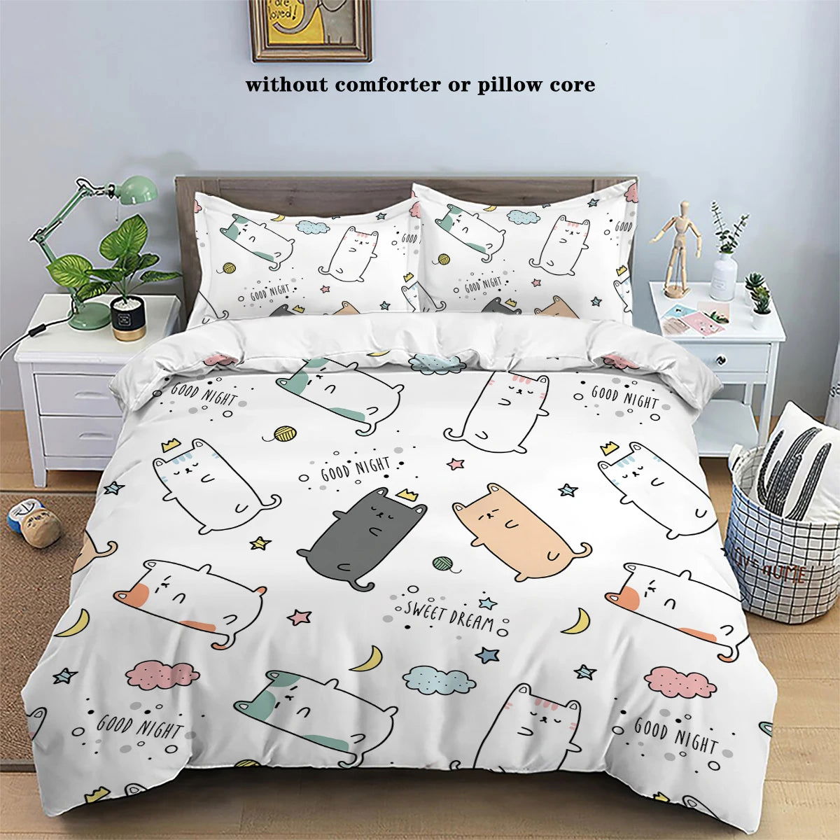 3pcs matte polyester bedding set, 1 duvet cover+2 pillowcases, unfilled, warm, skin friendly, anti pilling, cute cartoon cat - Slobuy
