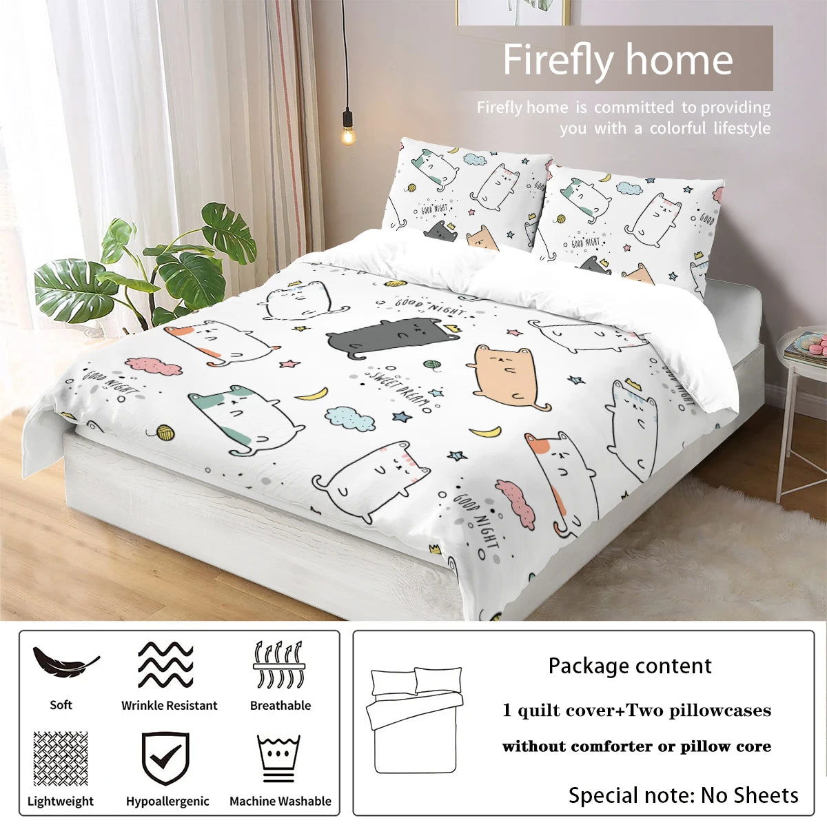 3pcs matte polyester bedding set, 1 duvet cover+2 pillowcases, unfilled, warm, skin friendly, anti pilling, cute cartoon cat - Slobuy