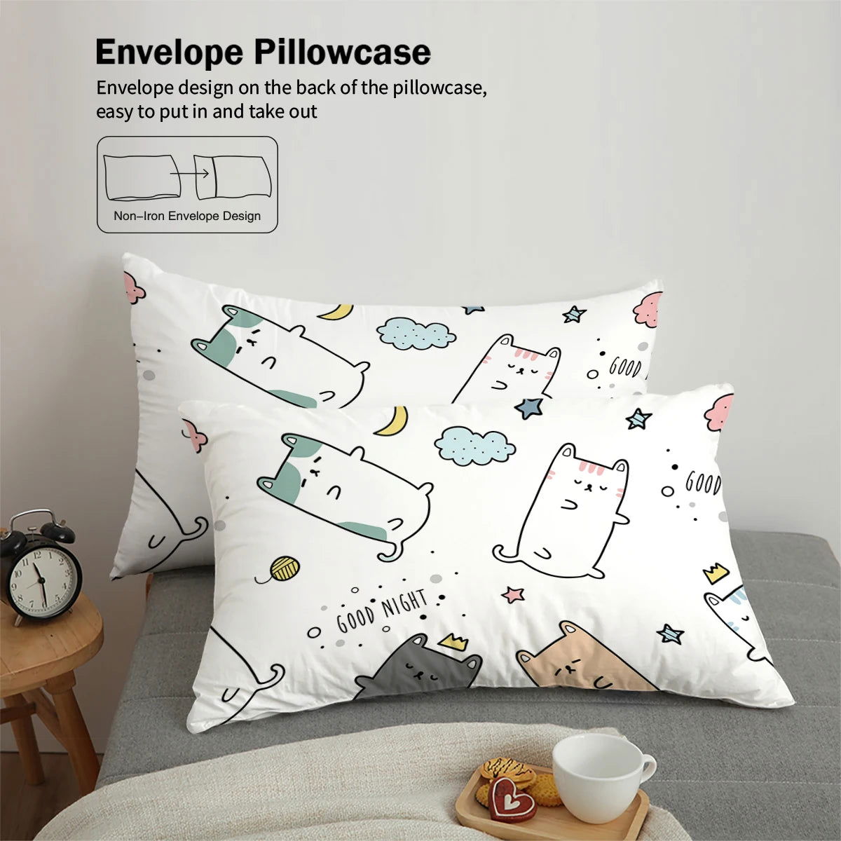 3pcs matte polyester bedding set, 1 duvet cover+2 pillowcases, unfilled, warm, skin friendly, anti pilling, cute cartoon cat - Slobuy