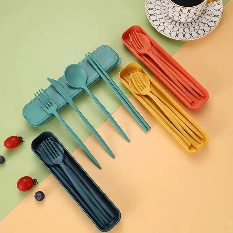 4-piece Portable Utensils, Healthy Eco-Friendly Wheat Straw Cutlery, Reusable Chopstick Fork Knife Spoon Set - Slobuy