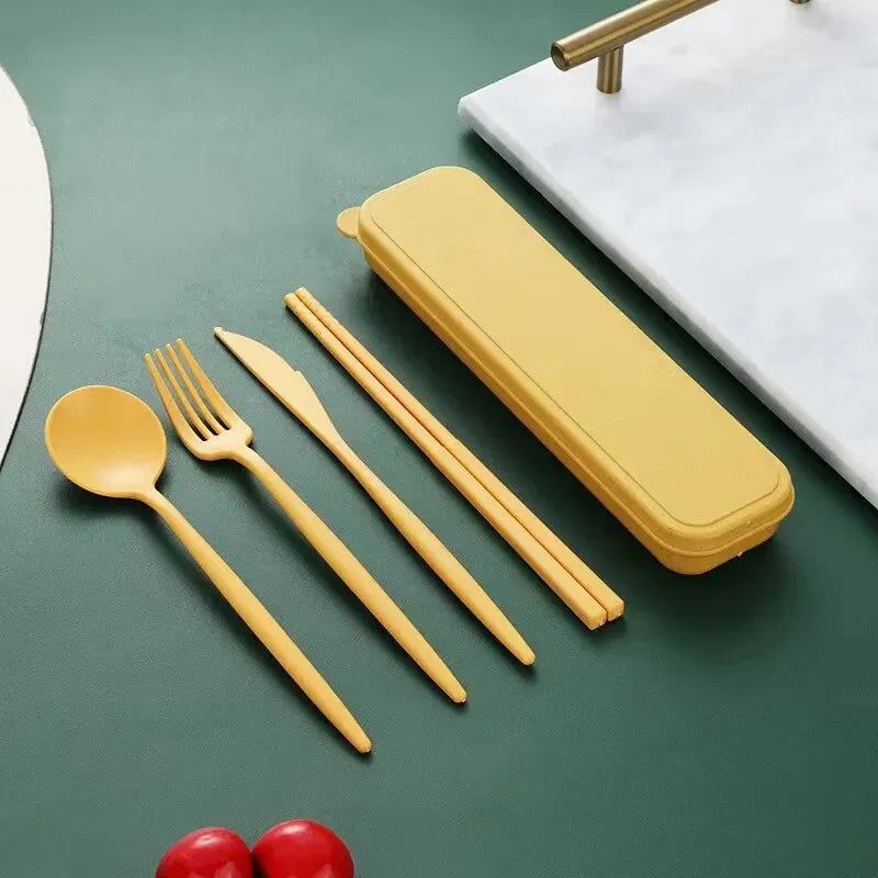 4-piece Portable Utensils, Healthy Eco-Friendly Wheat Straw Cutlery, Reusable Chopstick Fork Knife Spoon Set - Slobuy