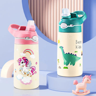 400ML Kids Water Bottle Cartoon Animal Children's Cup With Straw Stainless Steel Vacuum Flacks Thermos Bottle Thermal Mug Cups - Slobuy