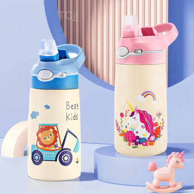 400ML Kids Water Bottle Cartoon Animal Children's Cup With Straw Stainless Steel Vacuum Flacks Thermos Bottle Thermal Mug Cups - Slobuy