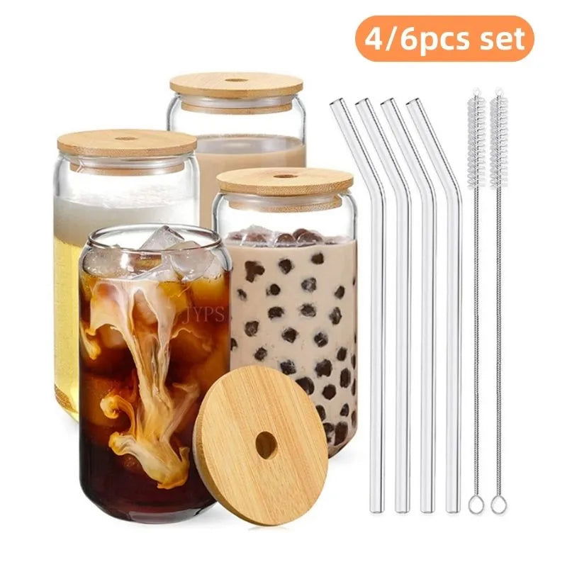 550ml/400ml Glass Cup With Lid and Straw Transparent Bubble Tea Cup Juice Glass Beer Can Milk Mocha Cups Breakfast Mug Drinkware - Slobuy