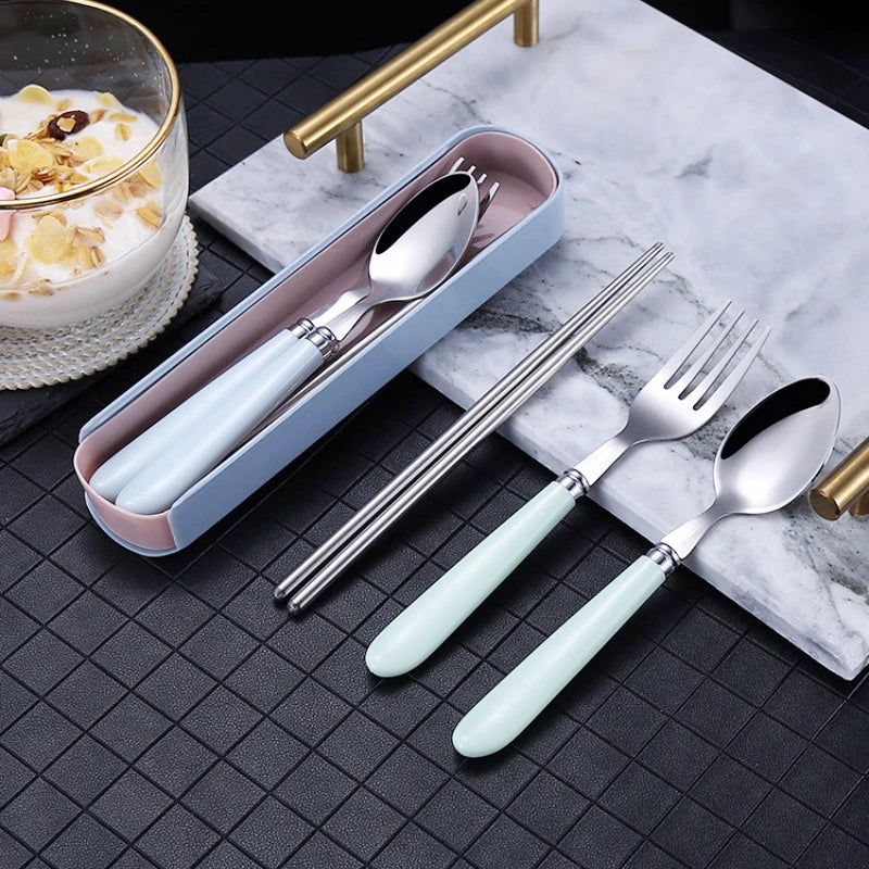410 Stainless Steel Chopsticks Tableware Portable Fork Spoon Student Office Worker Three-piece Cute Storage Box cutlery set - Slobuy