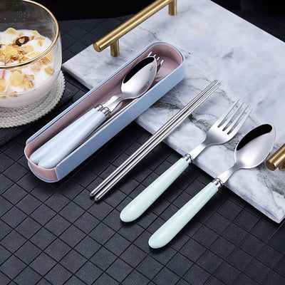 410 Stainless Steel Chopsticks Tableware Portable Fork Spoon Student Office Worker Three-piece Cute Storage Box cutlery set - Slobuy