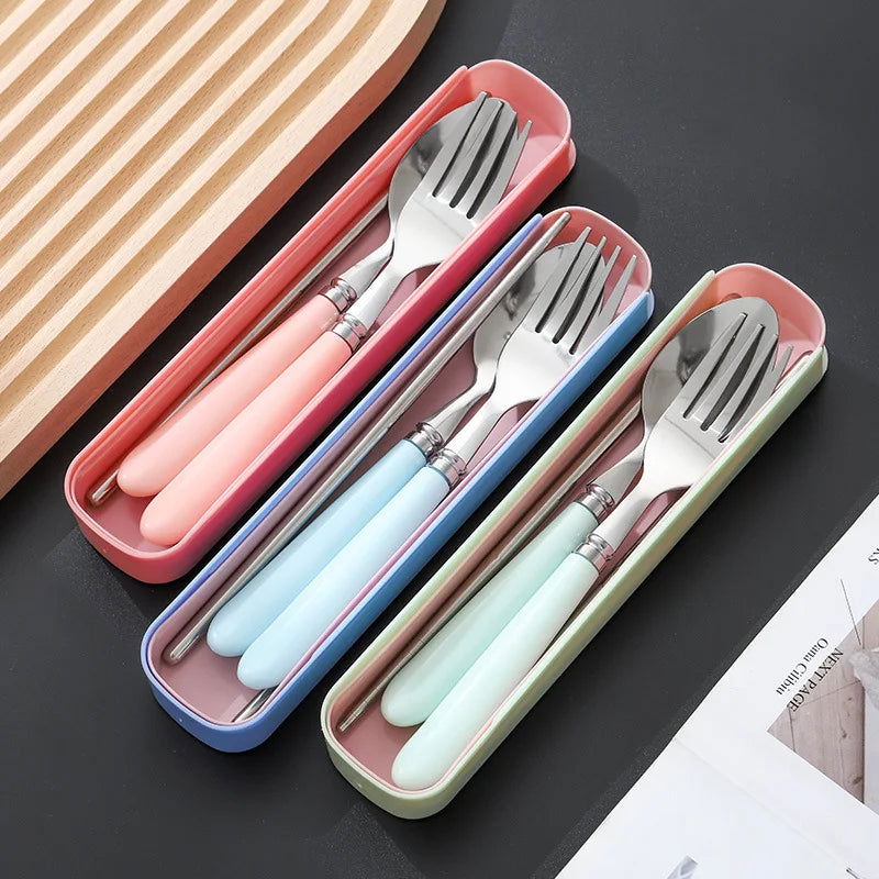 410 Stainless Steel Chopsticks Tableware Portable Fork Spoon Student Office Worker Three-piece Cute Storage Box cutlery set - Slobuy
