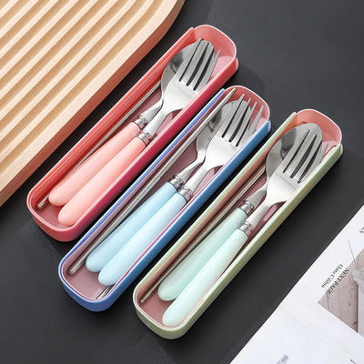 410 Stainless Steel Chopsticks Tableware Portable Fork Spoon Student Office Worker Three-piece Cute Storage Box cutlery set - Slobuy